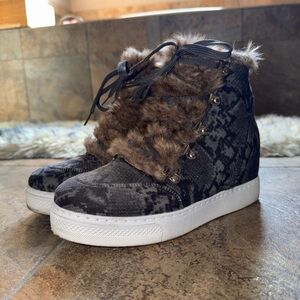 Journee Collection Black and Brown Fur-Lined Wedge Sneakers